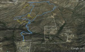 Blue Line represents GPS Plot of my hike. Yellow lines represent additional/alternative routes