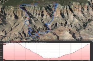 Hike map from Google Earth mapped route, plus elevation profile (accurate estimation; somewhat shorter than the actual hike)