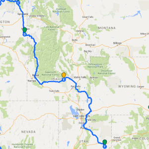 Map with Driving Route highlighted through Washington, Idaho, and Utah